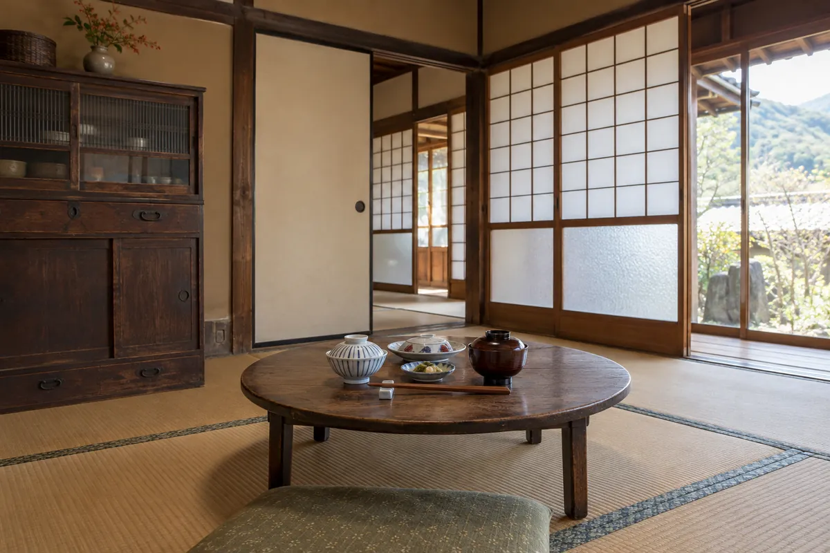 畳の茶の間。ちゃぶ台に、ふたをしたままの一人分の食事