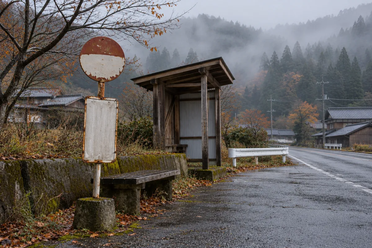 霧の残る朝の、山あいの停留所。木の待合小屋と、白紙の時刻表の板