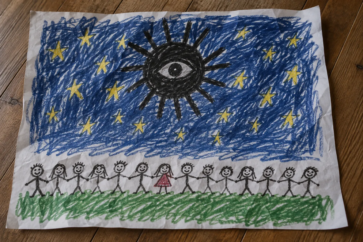 子どものクレヨン画。夜空に、目のある黒い丸と線が描かれ、その下で人がたくさん手をつないでいる。
