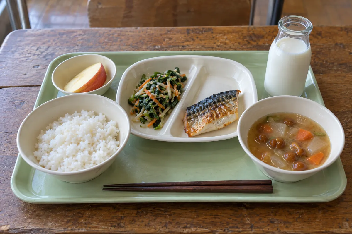 緑のトレイにのった給食。ごはん、魚のかば焼き、ほうれん草のごまあえ、汁物、牛乳