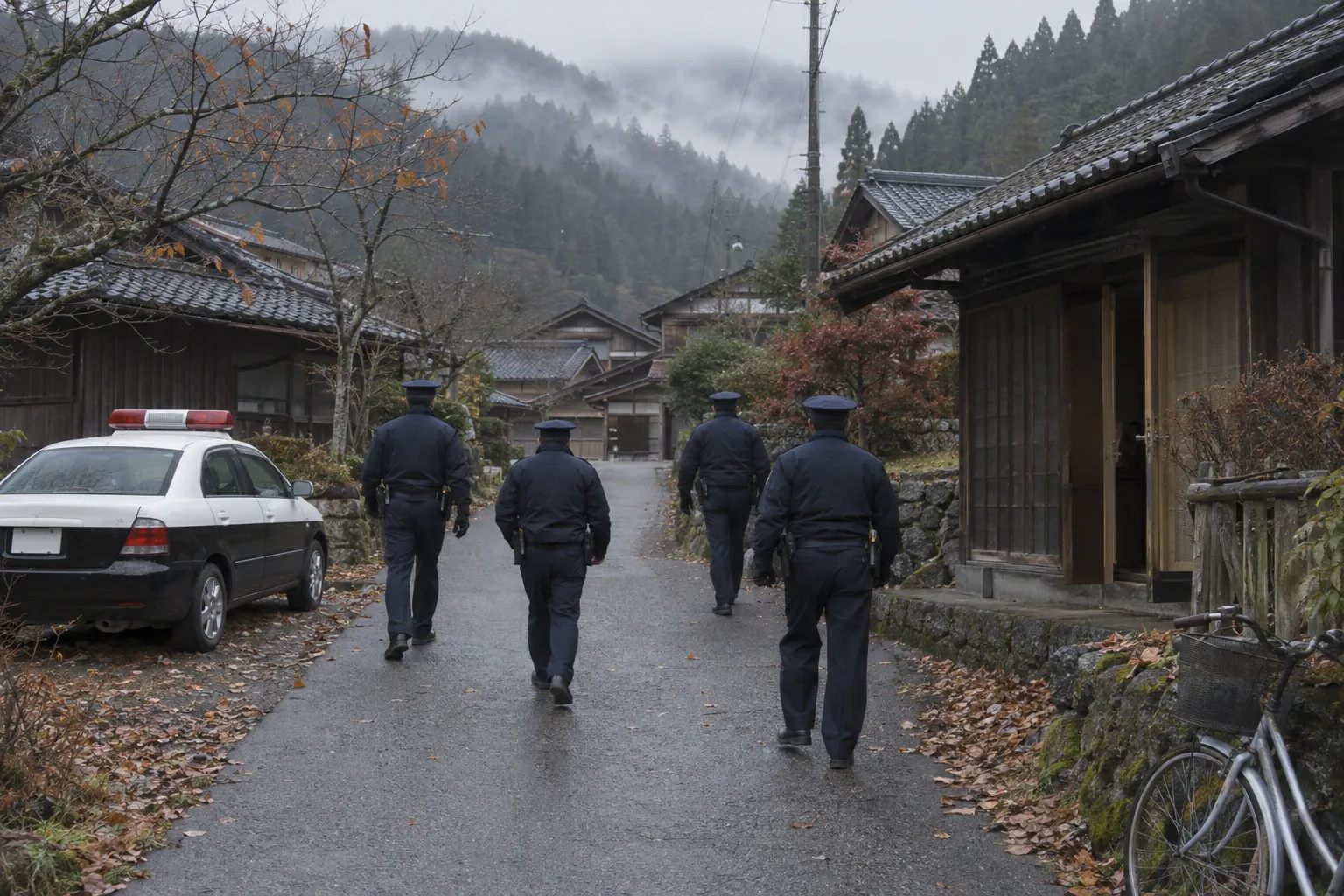 霧の朝、警察官四人が人のいない村の道を歩いていく後ろ姿。道端にパトカーが止まっている。