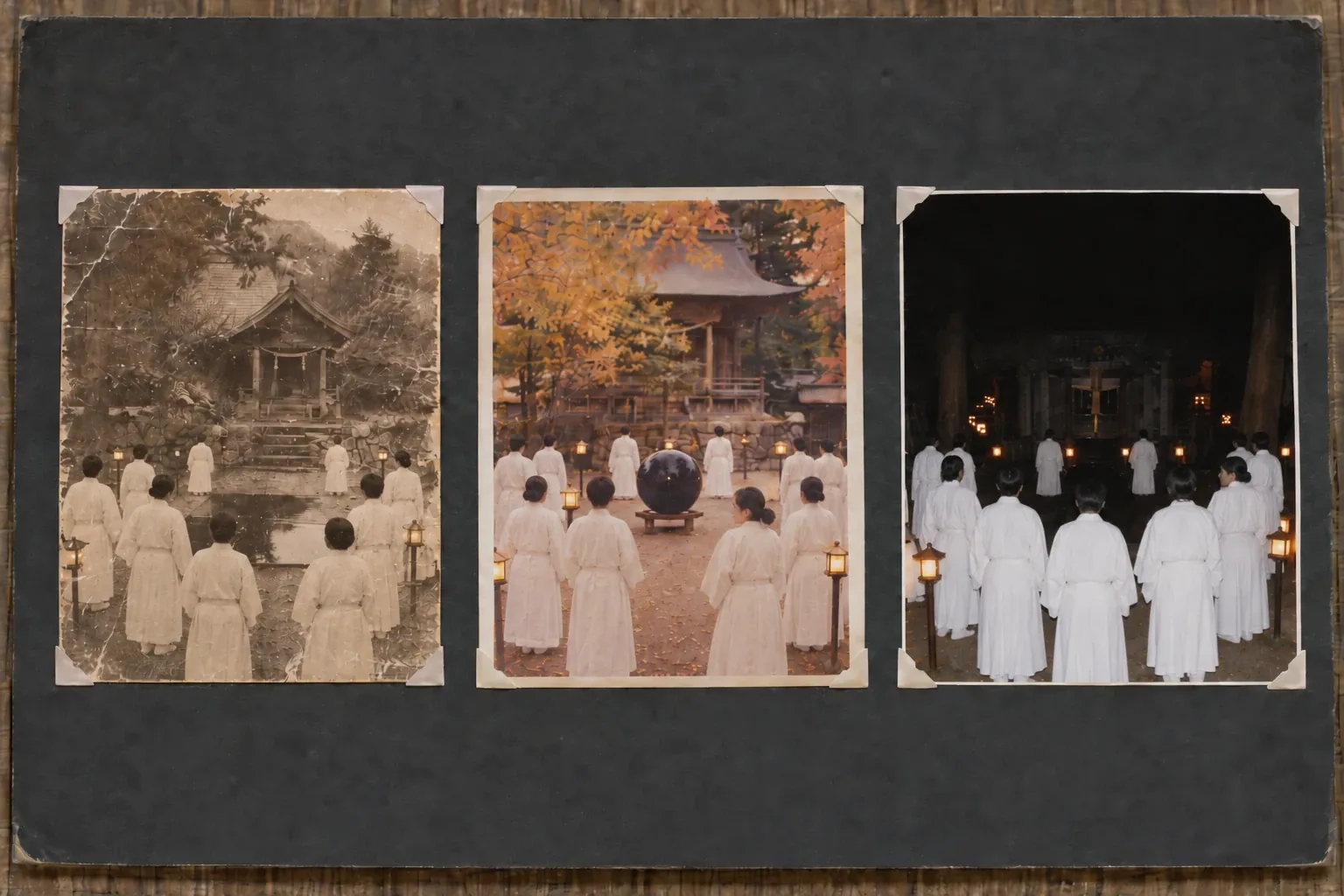 台紙に並べた三枚の古い写真。どれも白装束の人々が後ろ向きに並び、中央に黒いものが置かれている。左はセピア色、中央は褪せたカラー、右は夜の写真で空が黒く抜けている。
