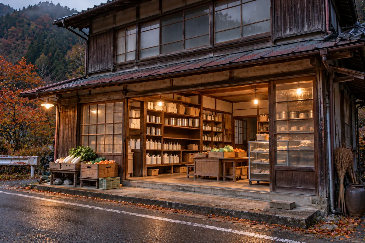 夕方の、木造のよろず屋の店先。野菜の箱と、日用品の並ぶ棚