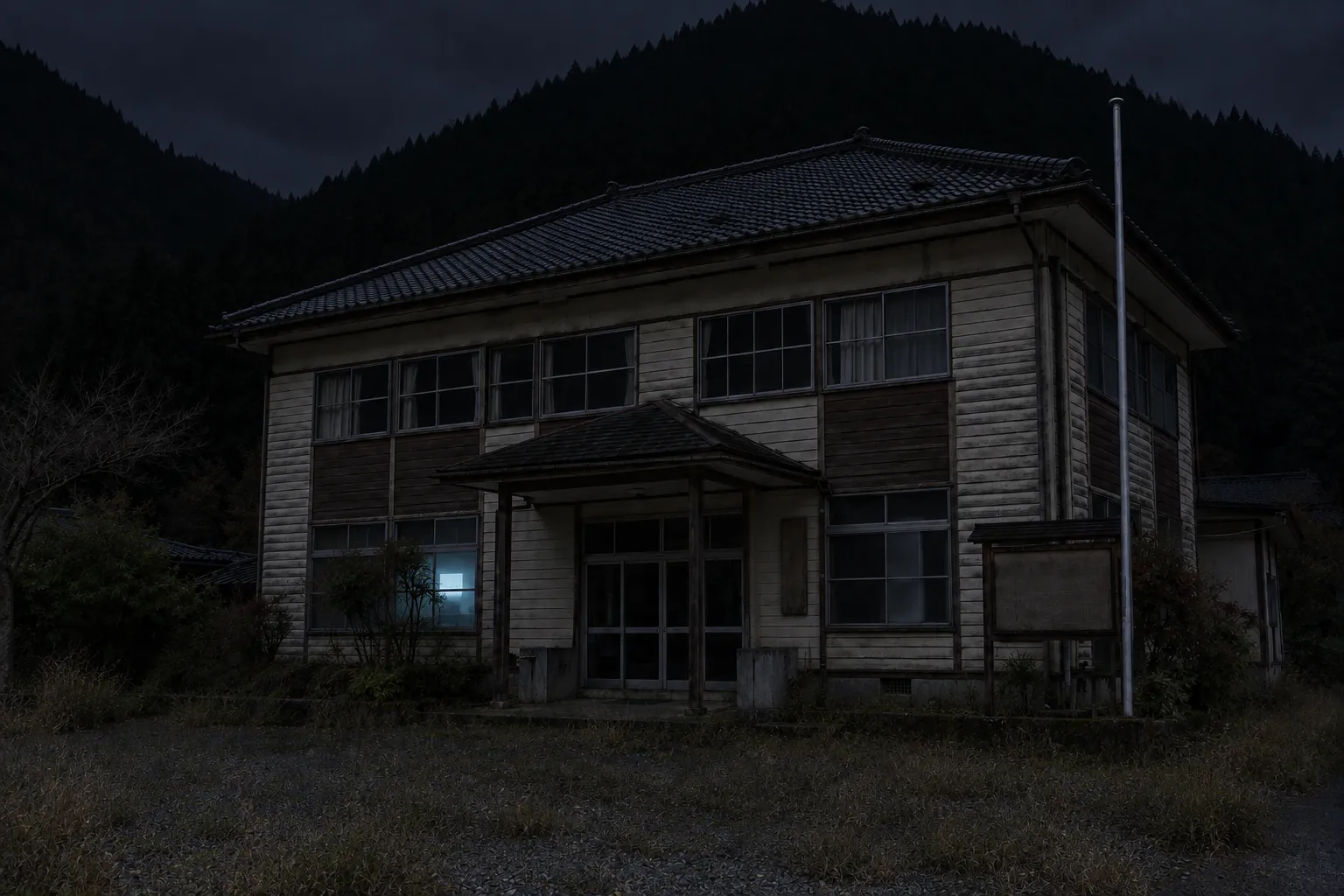 夜の黄泉戸村役場庁舎。灯りの消えた建物で、一階の窓が一つだけ青白く光っている。